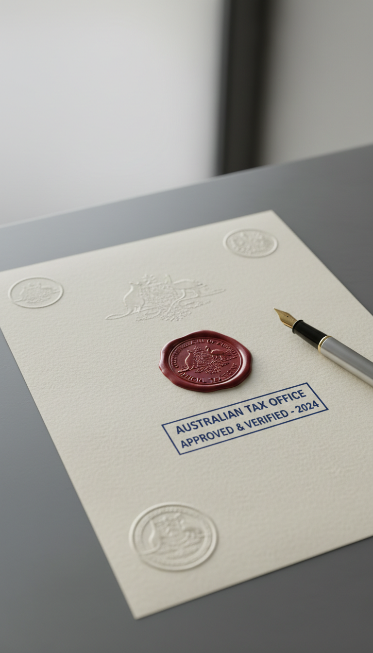 A detailed close-up of a stamped legal tax document placed on a minimalist slate-gray surface, with a fine-tipped fountain pen resting beside it. Surrounding the document are intricate embossed seals and a subtle Australian Tax Office watermark visible in the paper’s fiber. Diffused daylight from a frosted glass window casts gentle, even light, highlighting the textures and paper grain. The atmosphere is one of assurance and professionalism, with sharp focus on the document’s critical details and softly blurred edges. Composed from a top-down perspective, the image is rendered in a photographic realism style, emphasizing expertise and trust.