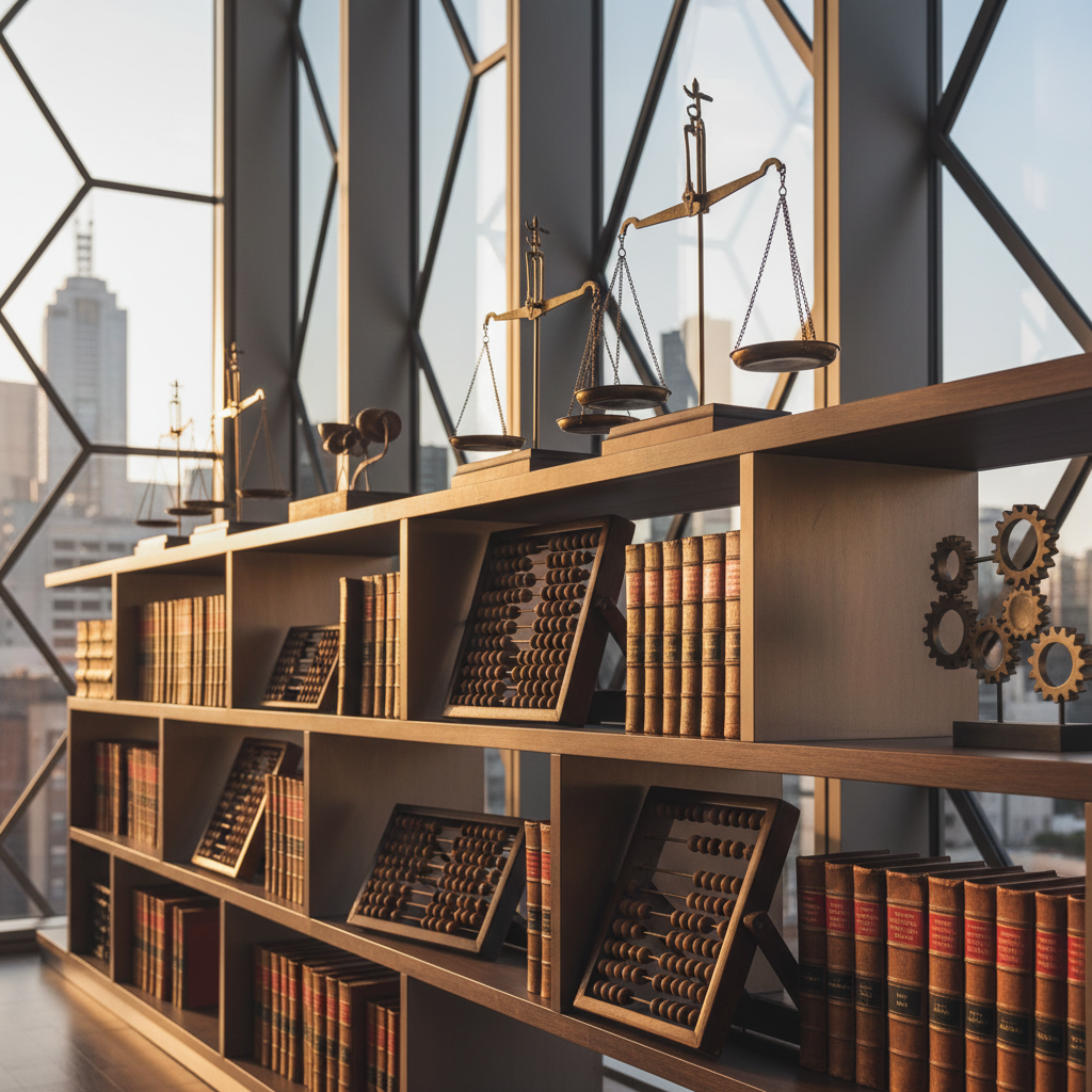 An elegant shelving arrangement with an array of antique brass scales, vintage abacuses, and leather tax law tomes, all impeccably arranged against a backdrop of geometric glass panels. The setting is a private library in the heart of a Melbourne office, with indirect afternoon sunlight creating subtle highlights on metallic and leather surfaces. The environment feels rich with history and knowledge, nurturing a mood of understated confidence and scholarly dedication. Captured at a low angle, the composition leads the eye along the shelf, blending modern business aesthetics with timeless symbols of accountancy. The artistic style is clean, precise, and rooted in photographic realism.