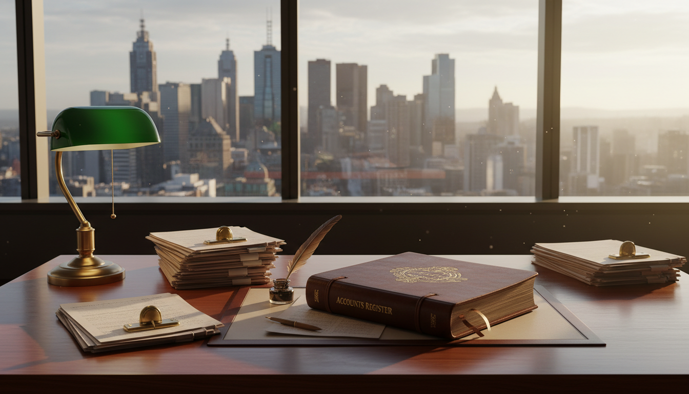 A meticulously organized desktop featuring neatly stacked files, a classic green-shaded banker’s lamp, and a dark leather-bound ledger embossed with gold. Arranged atop a smooth, deep walnut desk, the workspace is set beside a large window overlooking Melbourne’s city skyline. Gentle late afternoon sunlight streams in, creating warm golden highlights and soft shadow play across the textures of paper and polished wood. The mood is calm and authoritative, conveying decades of dependable expertise. Composition is eye-level with the desk occupying the foreground, framed using the rule of thirds for visual clarity and a professional, clean, and modern realism.